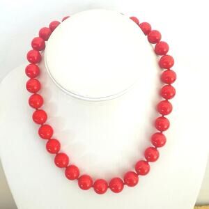 Vtg Red Bead Necklace Single Uniform Strand Mid-Century Modern Plastic